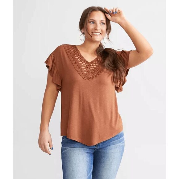 BKE Daytrip Sequoia Brown Crochet Flutter Sleeve Top Large - Picture 7 of 9